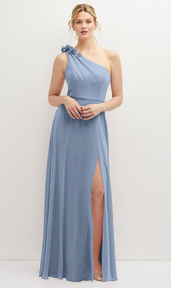 Front View - Cloudy Handworked Flower Trimmed One-Shoulder Chiffon Maxi Dress