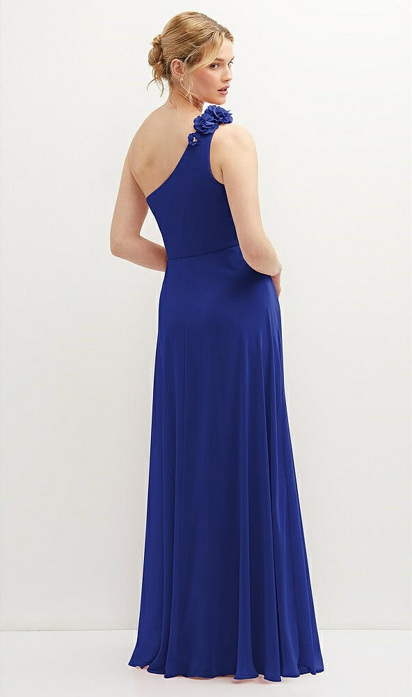 Back View - Cobalt Blue Handworked Flower Trimmed One-Shoulder Chiffon Maxi Dress