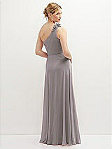 Rear View Thumbnail - Cashmere Gray Handworked Flower Trimmed One-Shoulder Chiffon Maxi Dress