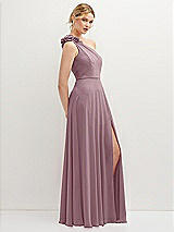 Side View Thumbnail - Dusty Rose Handworked Flower Trimmed One-Shoulder Chiffon Maxi Dress