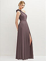 Side View Thumbnail - French Truffle Handworked Flower Trimmed One-Shoulder Chiffon Maxi Dress