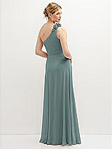 Rear View Thumbnail - Icelandic Handworked Flower Trimmed One-Shoulder Chiffon Maxi Dress