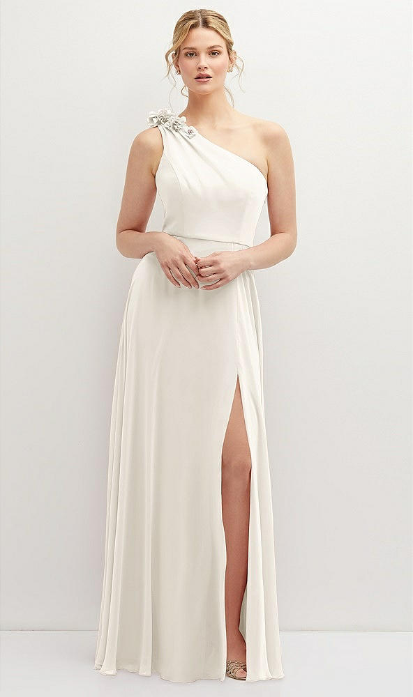 Front View - Ivory Handworked Flower Trimmed One-Shoulder Chiffon Maxi Dress