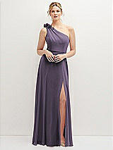 Front View Thumbnail - Lavender Handworked Flower Trimmed One-Shoulder Chiffon Maxi Dress