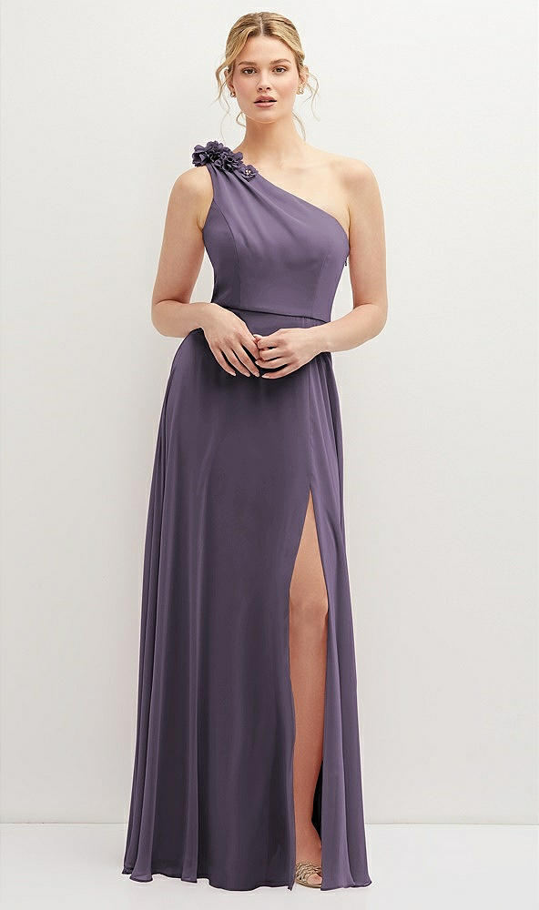 Front View - Lavender Handworked Flower Trimmed One-Shoulder Chiffon Maxi Dress