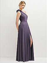Side View Thumbnail - Lavender Handworked Flower Trimmed One-Shoulder Chiffon Maxi Dress