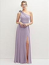 Front View Thumbnail - Lilac Haze Handworked Flower Trimmed One-Shoulder Chiffon Maxi Dress