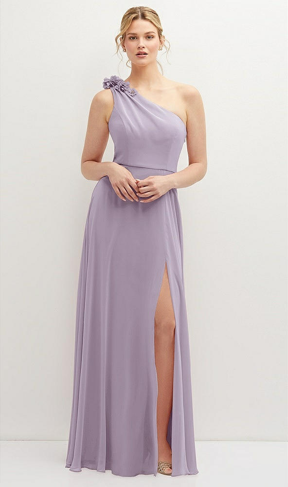 Front View - Lilac Haze Handworked Flower Trimmed One-Shoulder Chiffon Maxi Dress