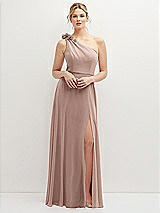 Front View Thumbnail - Neu Nude Handworked Flower Trimmed One-Shoulder Chiffon Maxi Dress