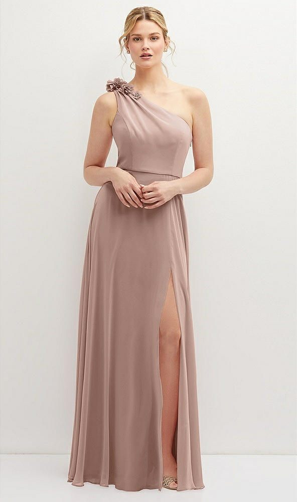 Front View - Neu Nude Handworked Flower Trimmed One-Shoulder Chiffon Maxi Dress