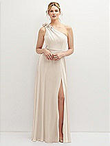 Front View Thumbnail - Oat Handworked Flower Trimmed One-Shoulder Chiffon Maxi Dress