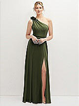 Front View Thumbnail - Olive Green Handworked Flower Trimmed One-Shoulder Chiffon Maxi Dress