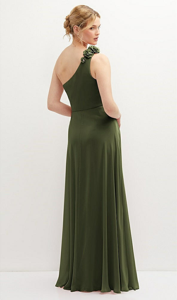 Back View - Olive Green Handworked Flower Trimmed One-Shoulder Chiffon Maxi Dress