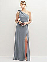Front View Thumbnail - Platinum Handworked Flower Trimmed One-Shoulder Chiffon Maxi Dress