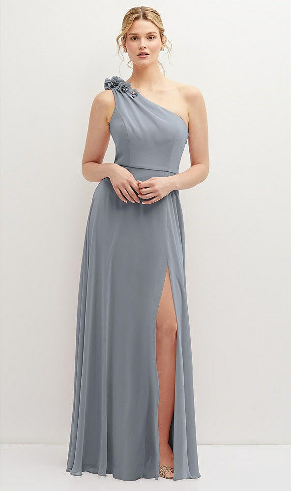 Front View - Platinum Handworked Flower Trimmed One-Shoulder Chiffon Maxi Dress