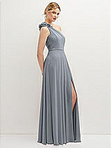 Side View Thumbnail - Platinum Handworked Flower Trimmed One-Shoulder Chiffon Maxi Dress