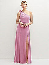 Front View Thumbnail - Powder Pink Handworked Flower Trimmed One-Shoulder Chiffon Maxi Dress
