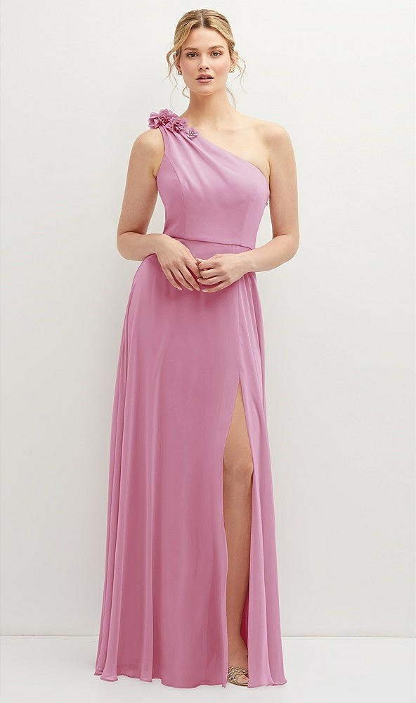 Front View - Powder Pink Handworked Flower Trimmed One-Shoulder Chiffon Maxi Dress