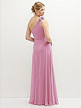 Rear View Thumbnail - Powder Pink Handworked Flower Trimmed One-Shoulder Chiffon Maxi Dress
