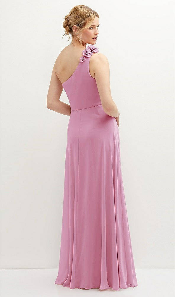 Back View - Powder Pink Handworked Flower Trimmed One-Shoulder Chiffon Maxi Dress