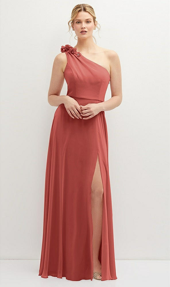 Front View - Coral Pink Handworked Flower Trimmed One-Shoulder Chiffon Maxi Dress