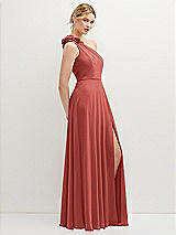 Side View Thumbnail - Coral Pink Handworked Flower Trimmed One-Shoulder Chiffon Maxi Dress