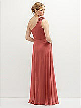 Rear View Thumbnail - Coral Pink Handworked Flower Trimmed One-Shoulder Chiffon Maxi Dress