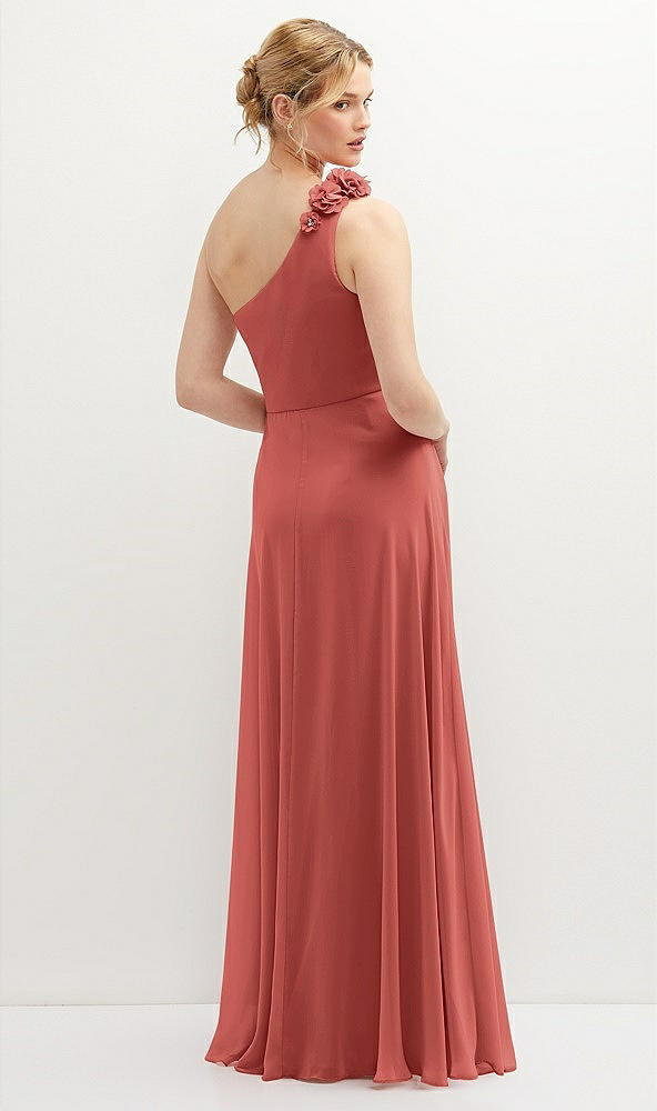 Back View - Coral Pink Handworked Flower Trimmed One-Shoulder Chiffon Maxi Dress