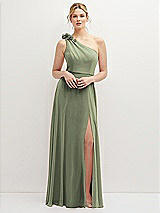 Front View Thumbnail - Sage Handworked Flower Trimmed One-Shoulder Chiffon Maxi Dress