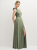 Side View Thumbnail - Sage Handworked Flower Trimmed One-Shoulder Chiffon Maxi Dress