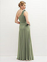 Rear View Thumbnail - Sage Handworked Flower Trimmed One-Shoulder Chiffon Maxi Dress