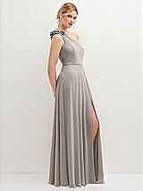 Side View Thumbnail - Taupe Handworked Flower Trimmed One-Shoulder Chiffon Maxi Dress