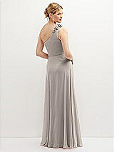 Rear View Thumbnail - Taupe Handworked Flower Trimmed One-Shoulder Chiffon Maxi Dress