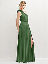 Side View Thumbnail - Vineyard Green Handworked Flower Trimmed One-Shoulder Chiffon Maxi Dress