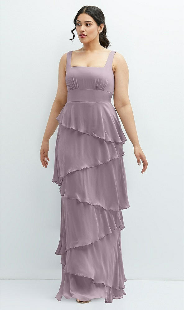 Front View - Lilac Dusk Asymmetrical Tiered Ruffle Chiffon Maxi Dress with Square Neckline
