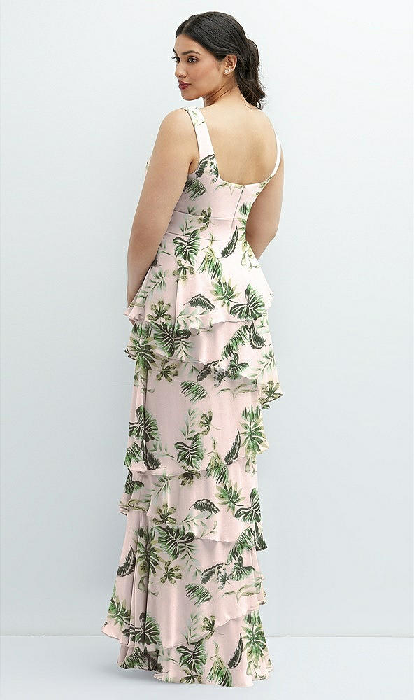 Back View - Palm Beach Print Asymmetrical Tiered Ruffle Chiffon Maxi Dress with Square Neckline
