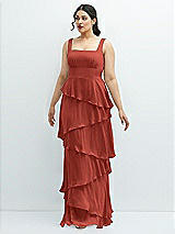 Front View Thumbnail - Amber Sunset Asymmetrical Tiered Ruffle Chiffon Maxi Dress with Square Neckline