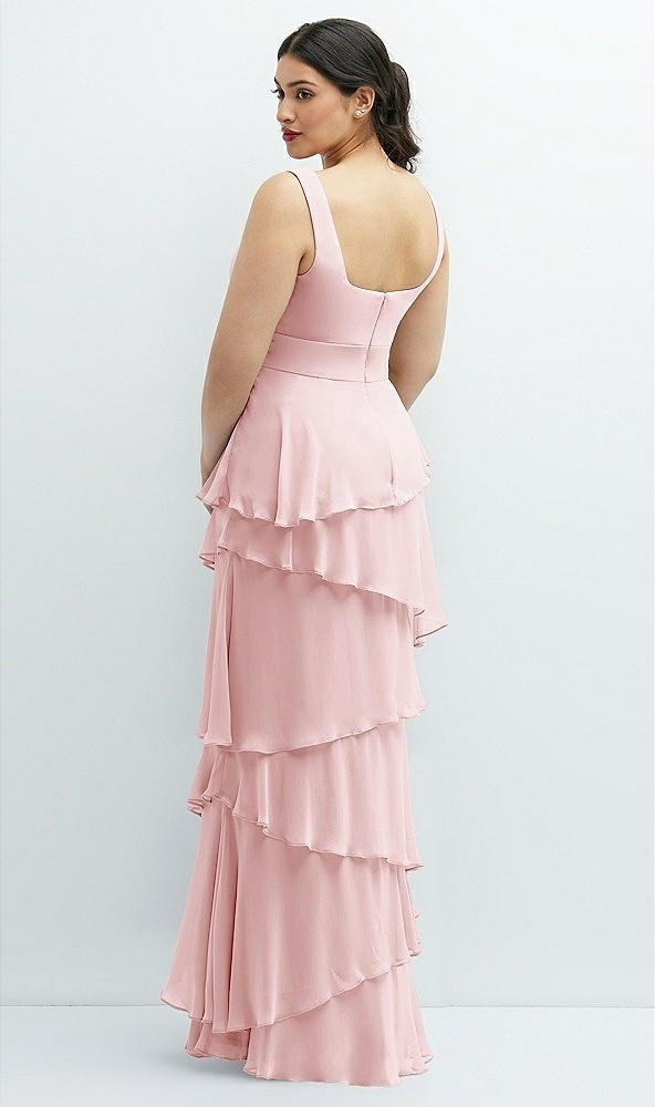 Back View - Ballet Pink Asymmetrical Tiered Ruffle Chiffon Maxi Dress with Square Neckline