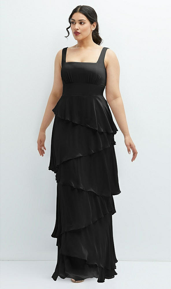 Front View - Black Asymmetrical Tiered Ruffle Chiffon Maxi Dress with Square Neckline