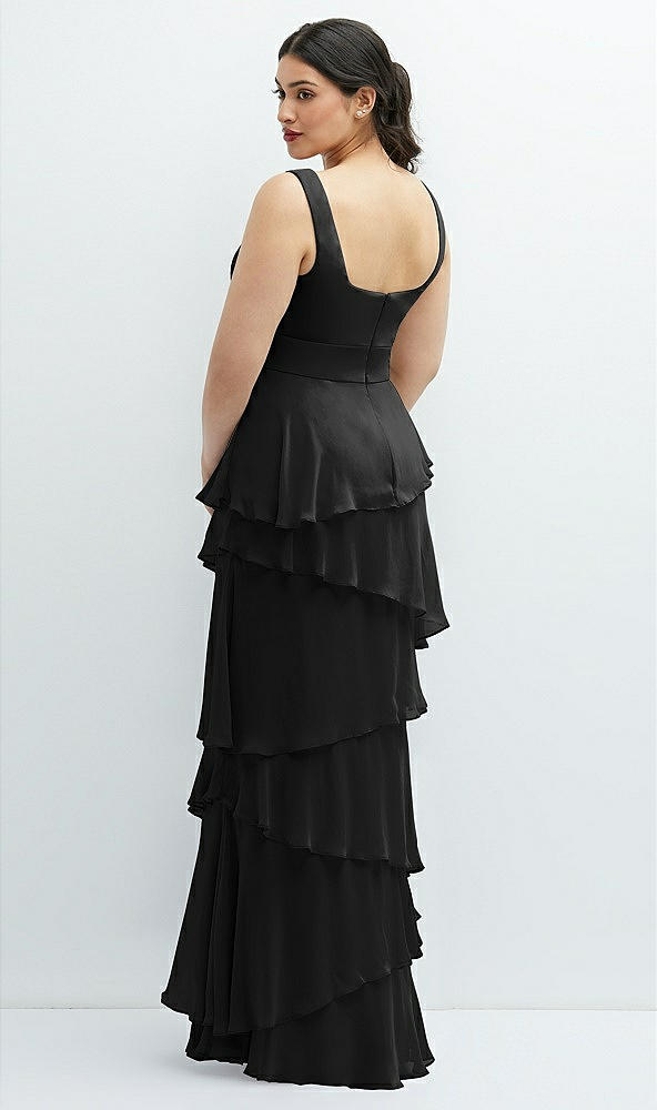 Back View - Black Asymmetrical Tiered Ruffle Chiffon Maxi Dress with Square Neckline