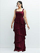 Front View Thumbnail - Cabernet Asymmetrical Tiered Ruffle Chiffon Maxi Dress with Square Neckline