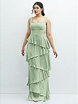 Front View Thumbnail - Celadon Asymmetrical Tiered Ruffle Chiffon Maxi Dress with Square Neckline