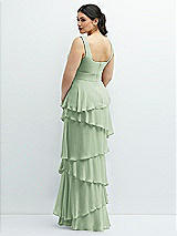 Rear View Thumbnail - Celadon Asymmetrical Tiered Ruffle Chiffon Maxi Dress with Square Neckline