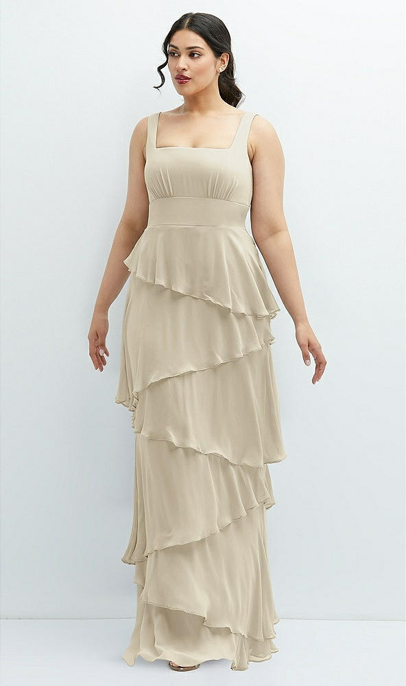 Front View - Champagne Asymmetrical Tiered Ruffle Chiffon Maxi Dress with Square Neckline