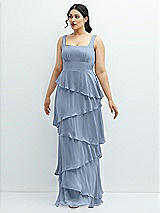Front View Thumbnail - Cloudy Asymmetrical Tiered Ruffle Chiffon Maxi Dress with Square Neckline