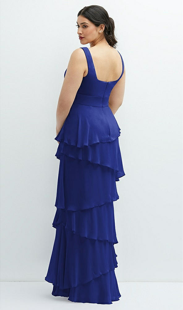 Back View - Cobalt Blue Asymmetrical Tiered Ruffle Chiffon Maxi Dress with Square Neckline