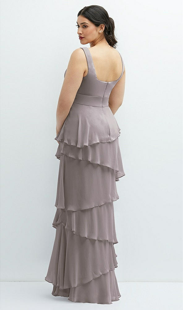 Back View - Cashmere Gray Asymmetrical Tiered Ruffle Chiffon Maxi Dress with Square Neckline