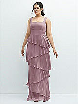 Front View Thumbnail - Dusty Rose Asymmetrical Tiered Ruffle Chiffon Maxi Dress with Square Neckline