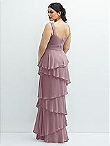 Rear View Thumbnail - Dusty Rose Asymmetrical Tiered Ruffle Chiffon Maxi Dress with Square Neckline