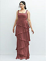Front View Thumbnail - English Rose Asymmetrical Tiered Ruffle Chiffon Maxi Dress with Square Neckline